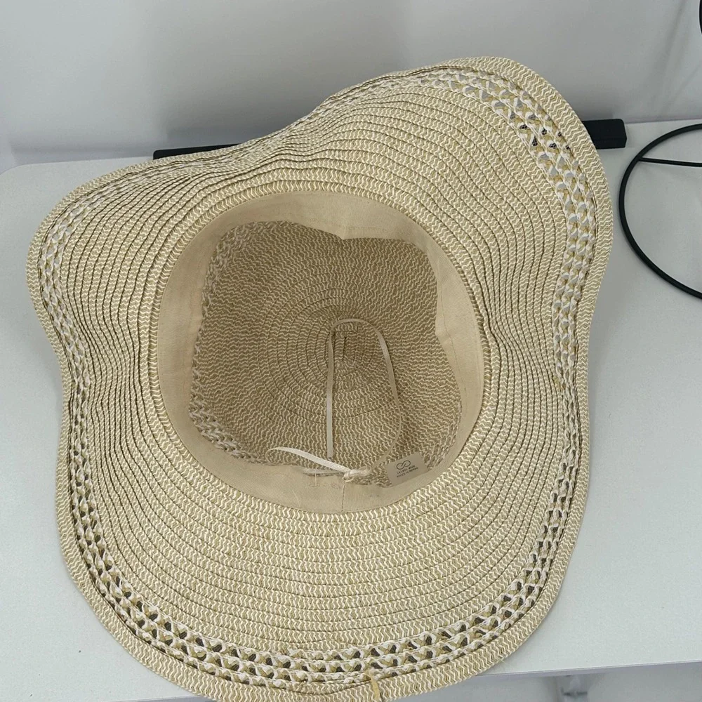 Calia Womens Tan White Woven Straw Wide Brim Floppy Sun Hat Beach Costal
